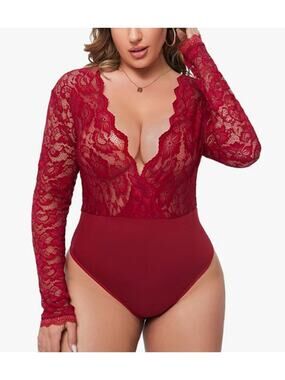 Gladiolus Red Lace Plunge Neck Long Sleeve Bodysuit New Size XL